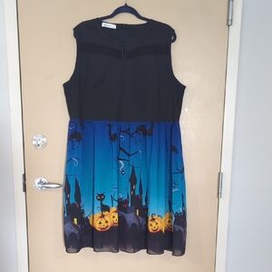 Spooky Halloween Black Cat Haunted Lace Graphic Skirt Dress